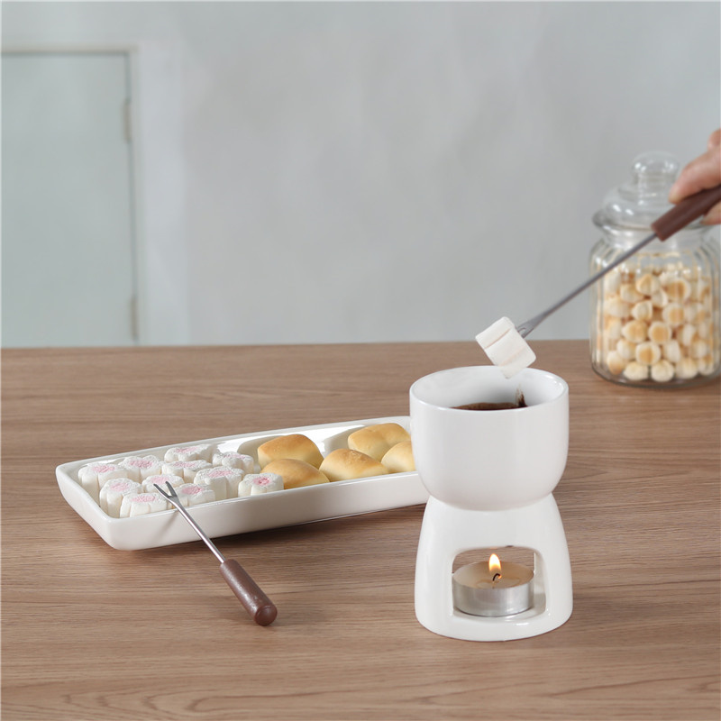 Cheap restaurant porcelain fondue pots custom logo ceramic chocolate fondue with rectangle plates