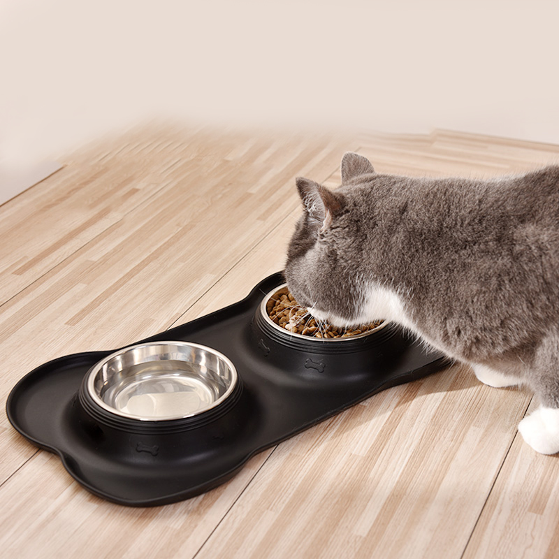 Pet deluxe stainless steel dog cat double bowl feeder waterer with non spill skid resistant silicone mat