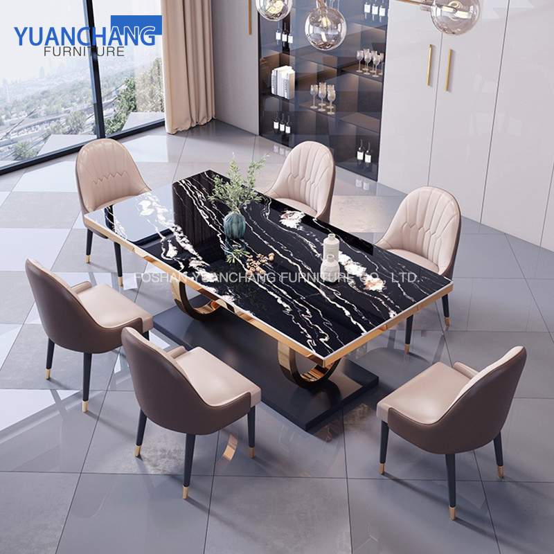 YuanChang home furniture luxury marble top dining table designs stainless steel modern dining table set for 6
