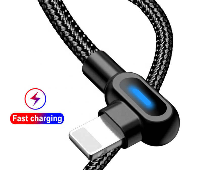 Светодиодный USB-кабель для быстрой зарядки с двумя локонами на 90 градусов L-образной формы для iphone, USB-шнур