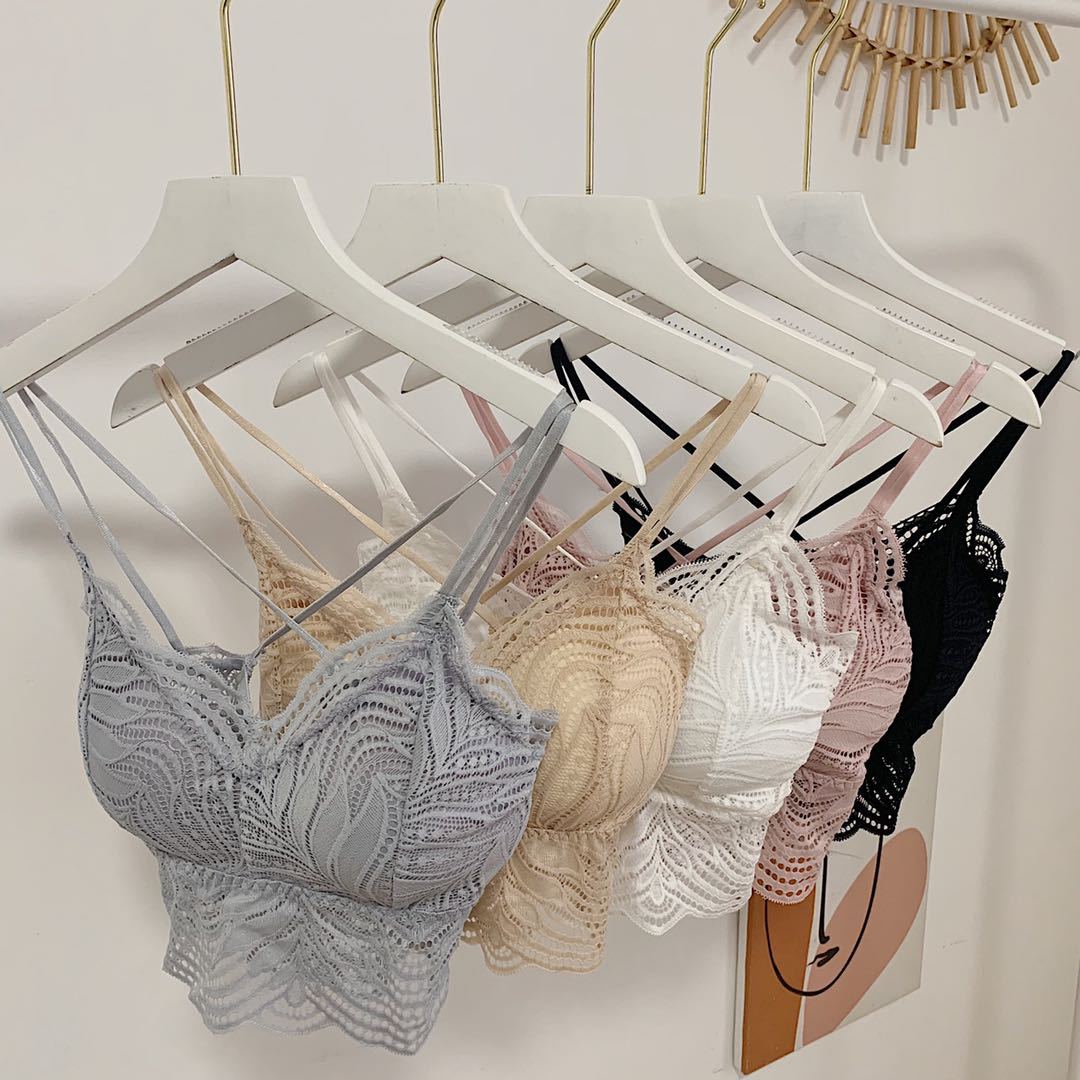 Female Lace Underwear Top Thin Spaghetti Strap Plus Size Women Wire Free Bralette Cross Back Brassiere Bra