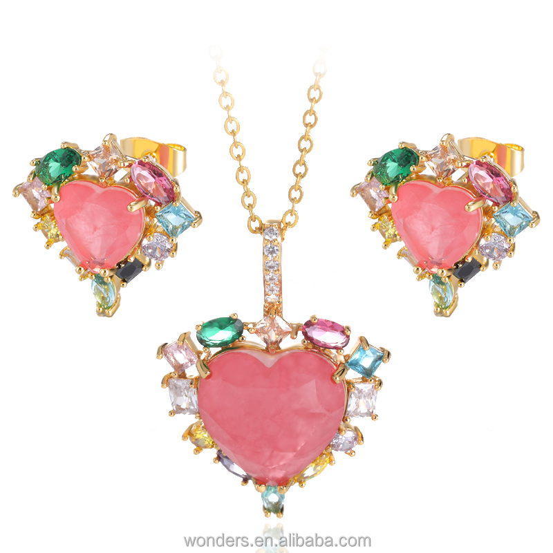 Rainbow Heart Cubic Zircon Luxury Fashion Rhinestone Red Heart Wedding Bridal Necklace Earrings Set