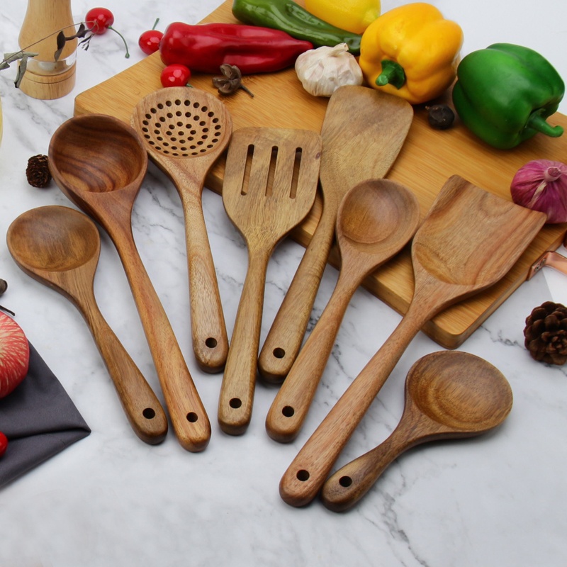High quality cookware set 8 pcs acacia wood kitchen tool wooden cooking utensil