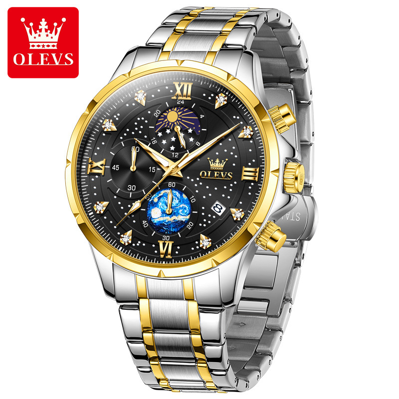 OLEVS 9807 special custom brand gents quartz watch original Stainless steel band Luminous Chrono stars sun Casual hand watch