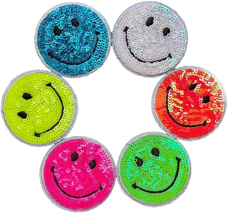 Симпатичные термоклейкие нашивки Happy Smile Face, 2 дюйма, термоклейкие нашивки с блестками для рюкзаков и шляп