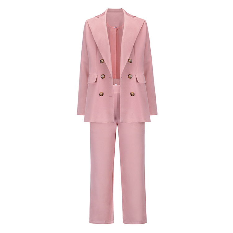 New Large Lapel Double Row Button Suit Coat Leisure Straight Pants Suit Two Piece Set Women Clothing