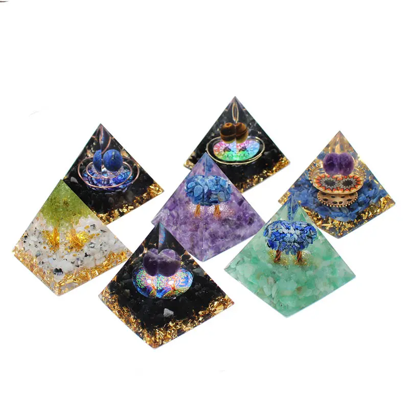 Bulk Wholesale 5cm Natural Crystal With Resin Energy Organite Pyamids 7 Chakra Generator Orgone Pyramid