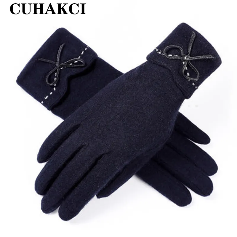 Solid Color Elegant Plus Velvet thickening Touch Screen Gloves Winter Women Warm Cashmere Full Finger Bow Mitten