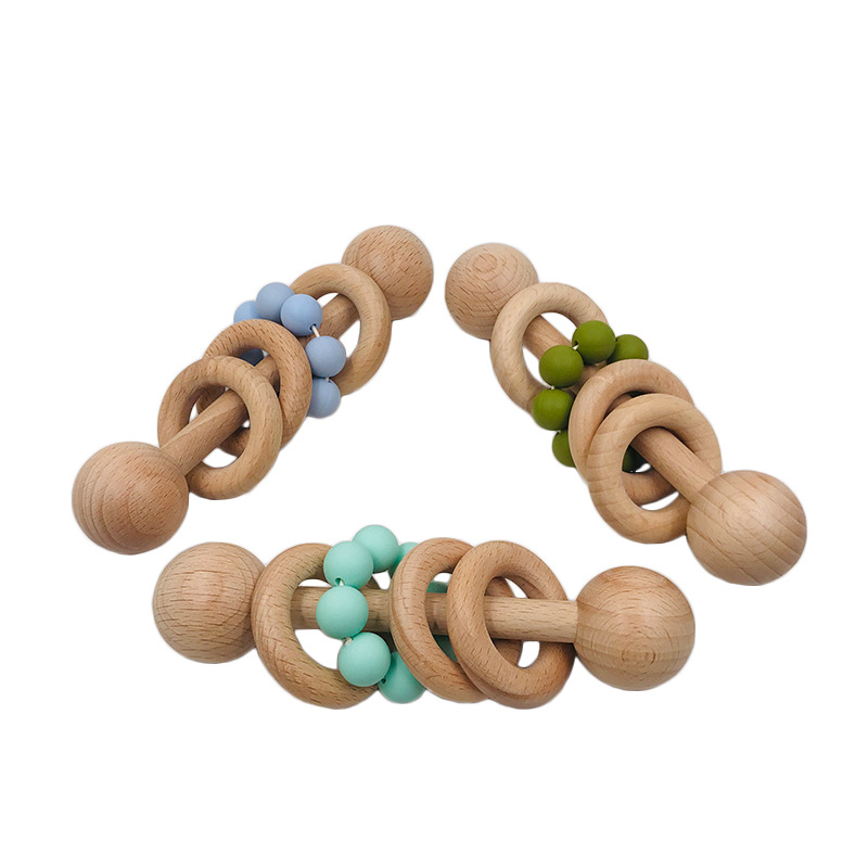 Wholesale Silicone Teether Baby Teeth Toy Baby Unpainted Wood Sensory Toy Baby Rattle Wooden Teether Teeth Ring Teeth Toy Rattle