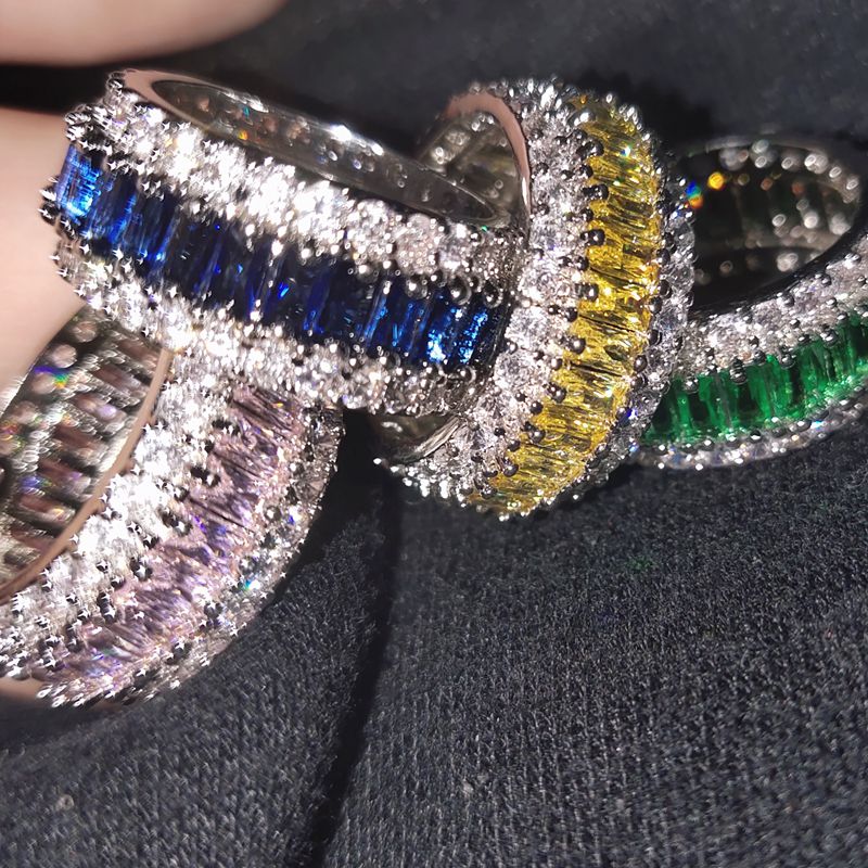 Silver plated rainbow diamond baguette ring for women