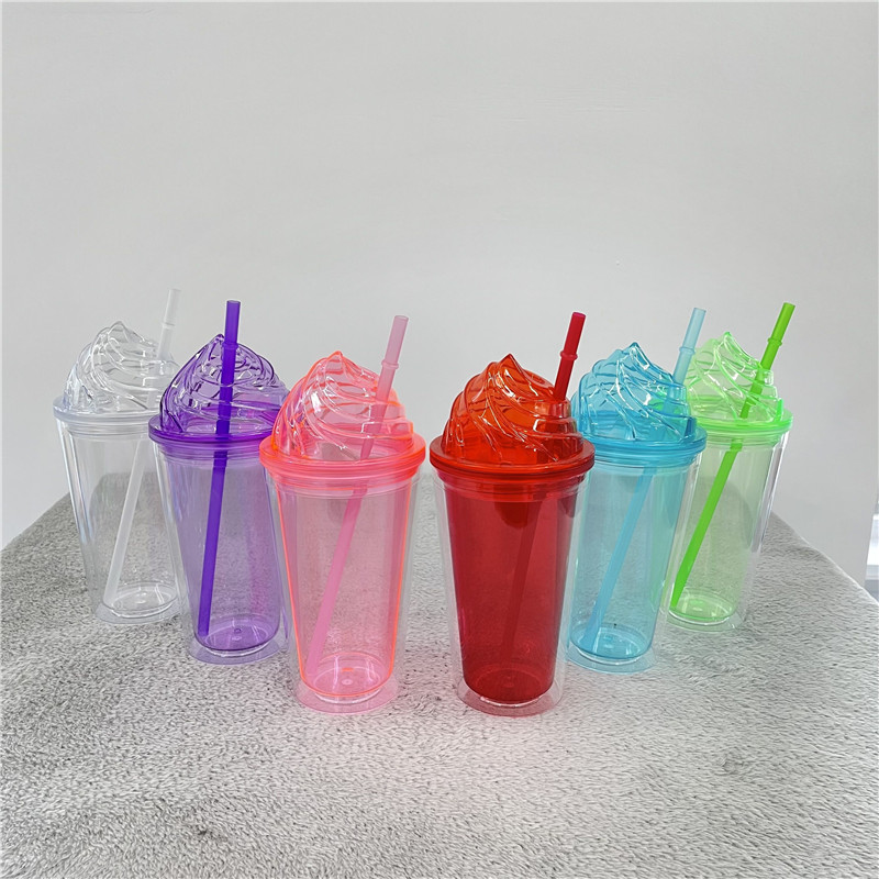 Portable drinking Insulated Acrylic 10oz 16oz summer Cups Clear double wall plastic Cone Ice Cream Top acrylic bottle with straw