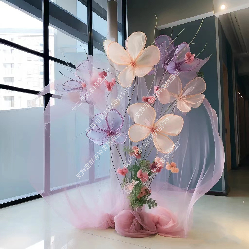 Large-scale scene art installation handmade flower art display wedding road guide pillars simulated flower punch card background