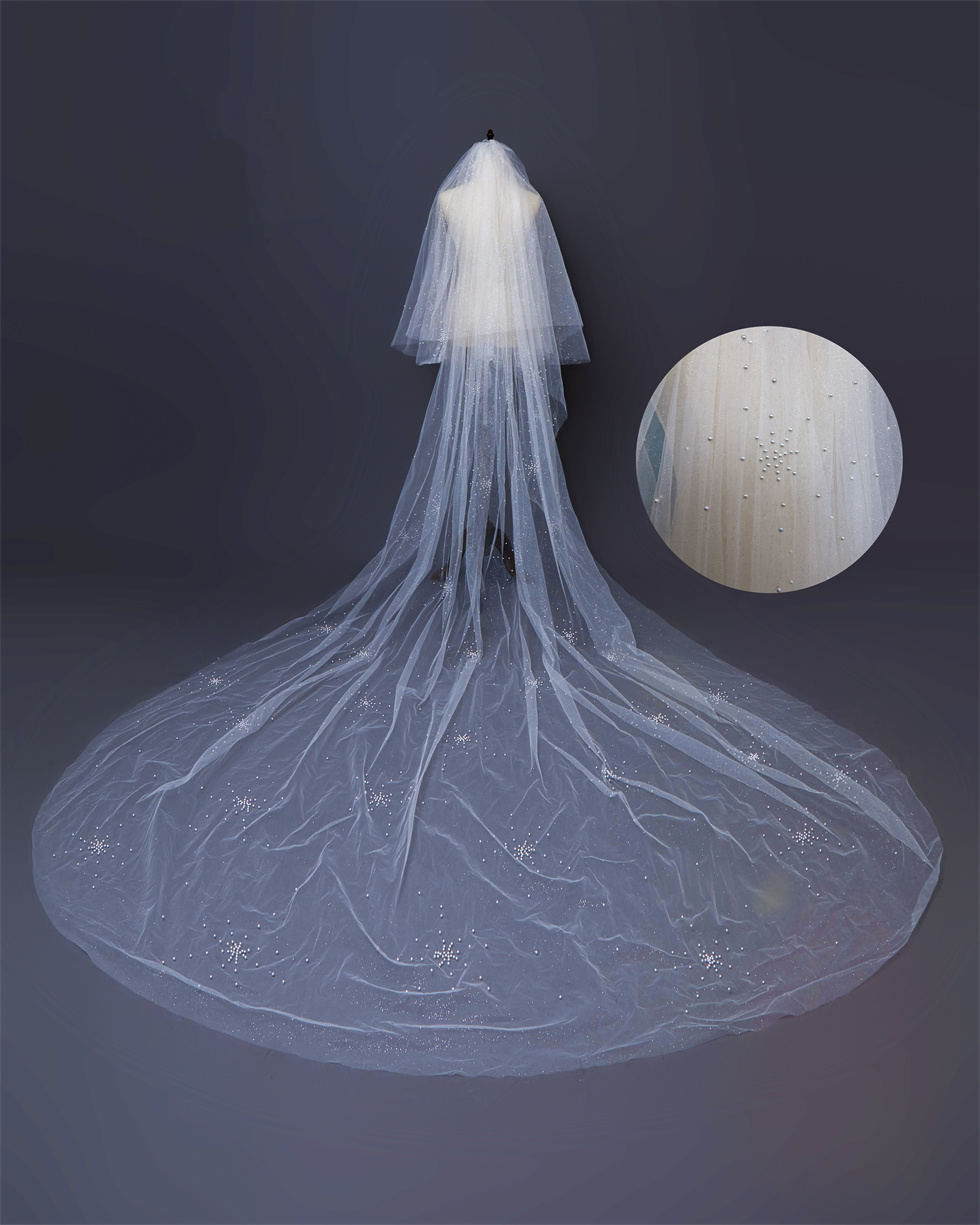 Customized Lots Of Pearl Beaded Vintage Party Bridal Cathedral Wedding Veils Bead Around Hem Two -Layers