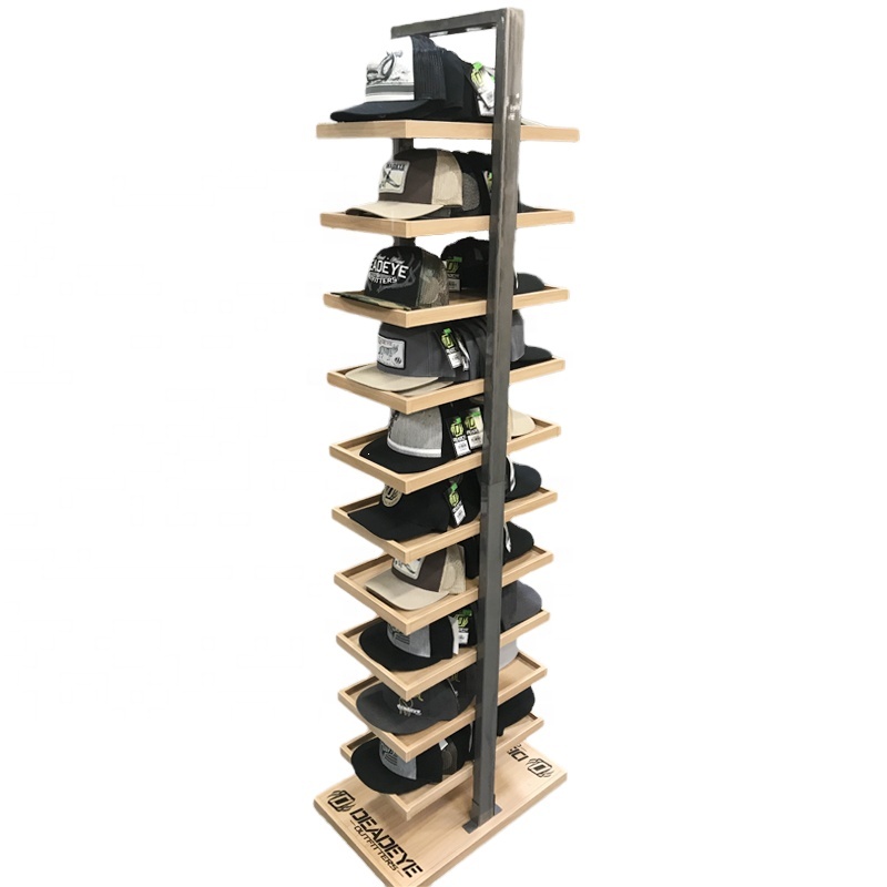 Retail store floor standing wooden shelves baseball display stand cap hat display rack
