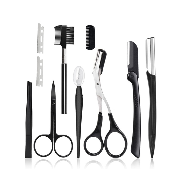 Private label eyebrow trimming set 9pcs eyebrow trimmer scissor eye brow trimming brush comb