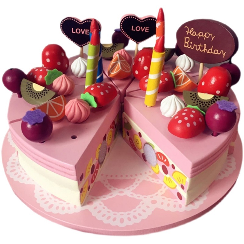 Wooden Double Cake Fruit Birthday Cake Kids Cutting Toy Kitchen Role Pretend Play Food Cooking w/ Saucer Fork Girls Xmas Gift