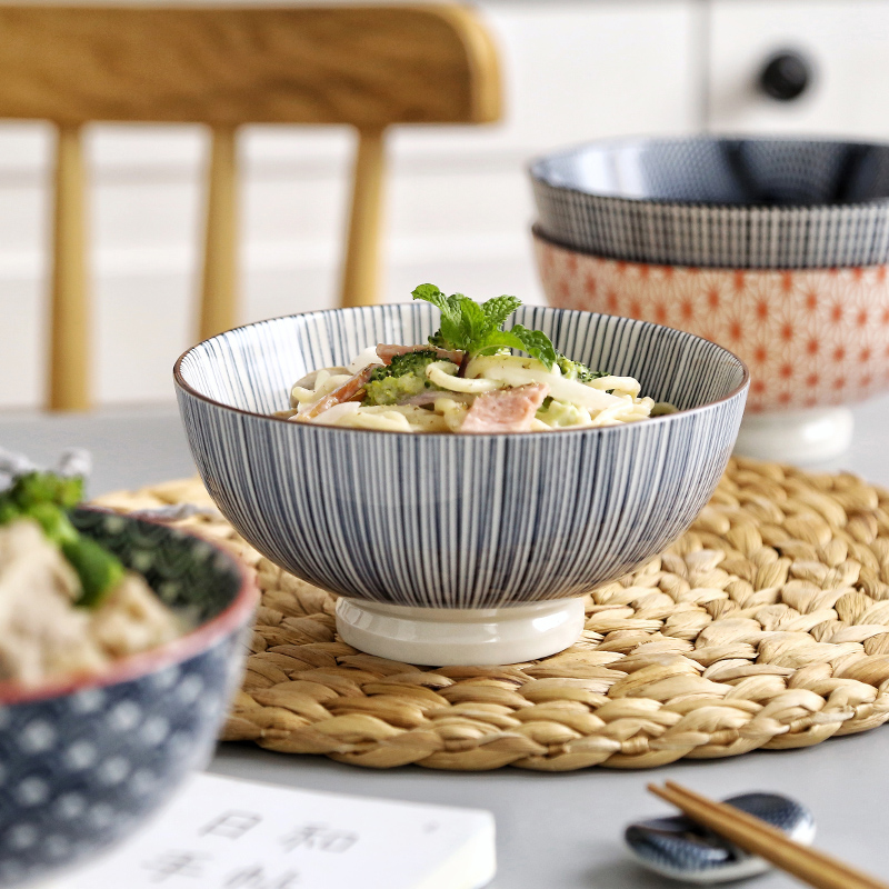 Japanese style of ceramic noodle bowls with screw thread decals print ceramic ramen bowl