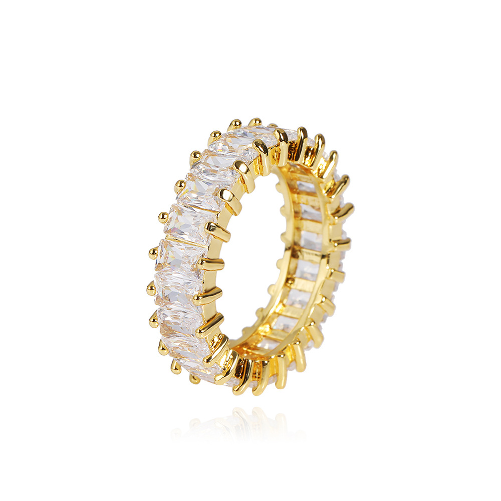 ZUOWEN hip - hip jewelry fashion brand single row T-square zircon ring micro - inlaid zircon gold plated ring for men and women