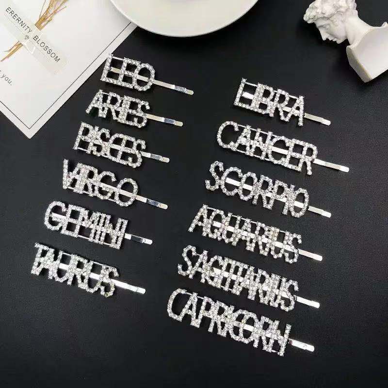 Star Sign Letters Rhinestones Hairpins Women Girls Barrettes Zodiac Bobby Pins Constellatory Hair Clips Hair Accessories