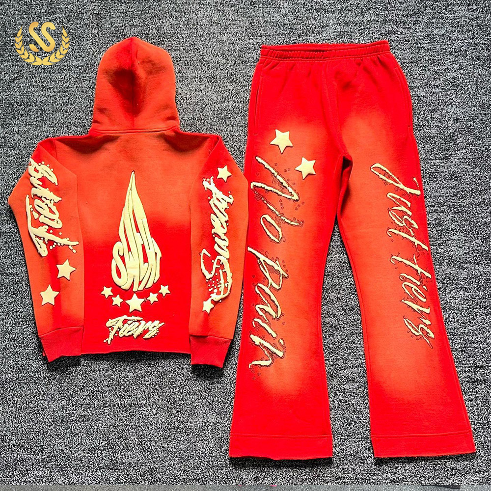 Custom logo 500gsm Vintage Wash jumper puff print Cut vintage dyed bell bottoms Sweatsuits Acid Washed Sweat Suits
