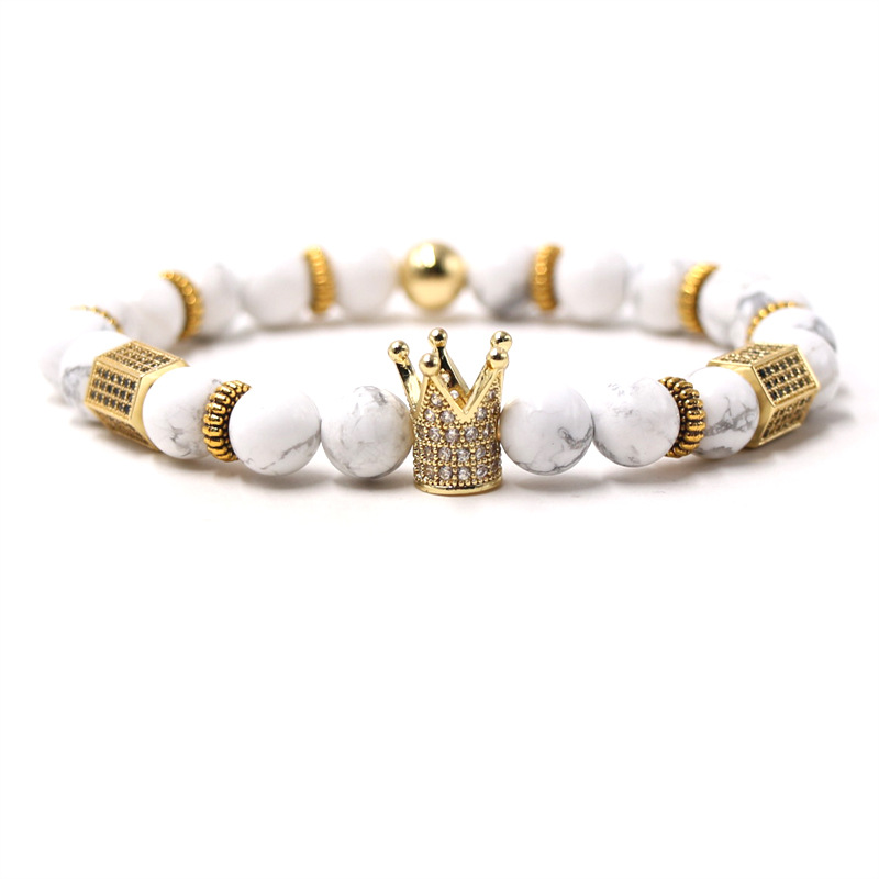 Trendy Men's Handmade 8MM Natural Stone Beaded Bracelet Bling Bling Iced Out Cubic Zirconia CZ Crown Charm Stretch Bracelets