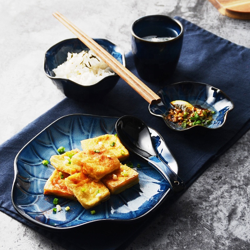 Factory hot selling high quality Grade A blue color glazed household home use 5 pcs set ceramic tableware Sets