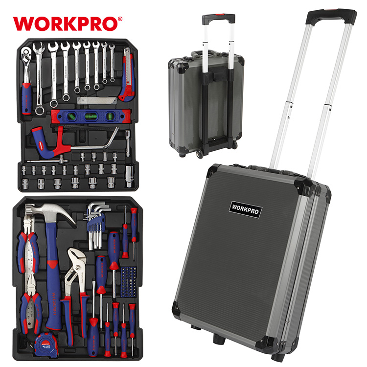 WORKPRO 111 шт алюминиевый корпус Вагонетки Набор инструментов для ремонта дома Домашний набор ручных инструментов с чемоданом