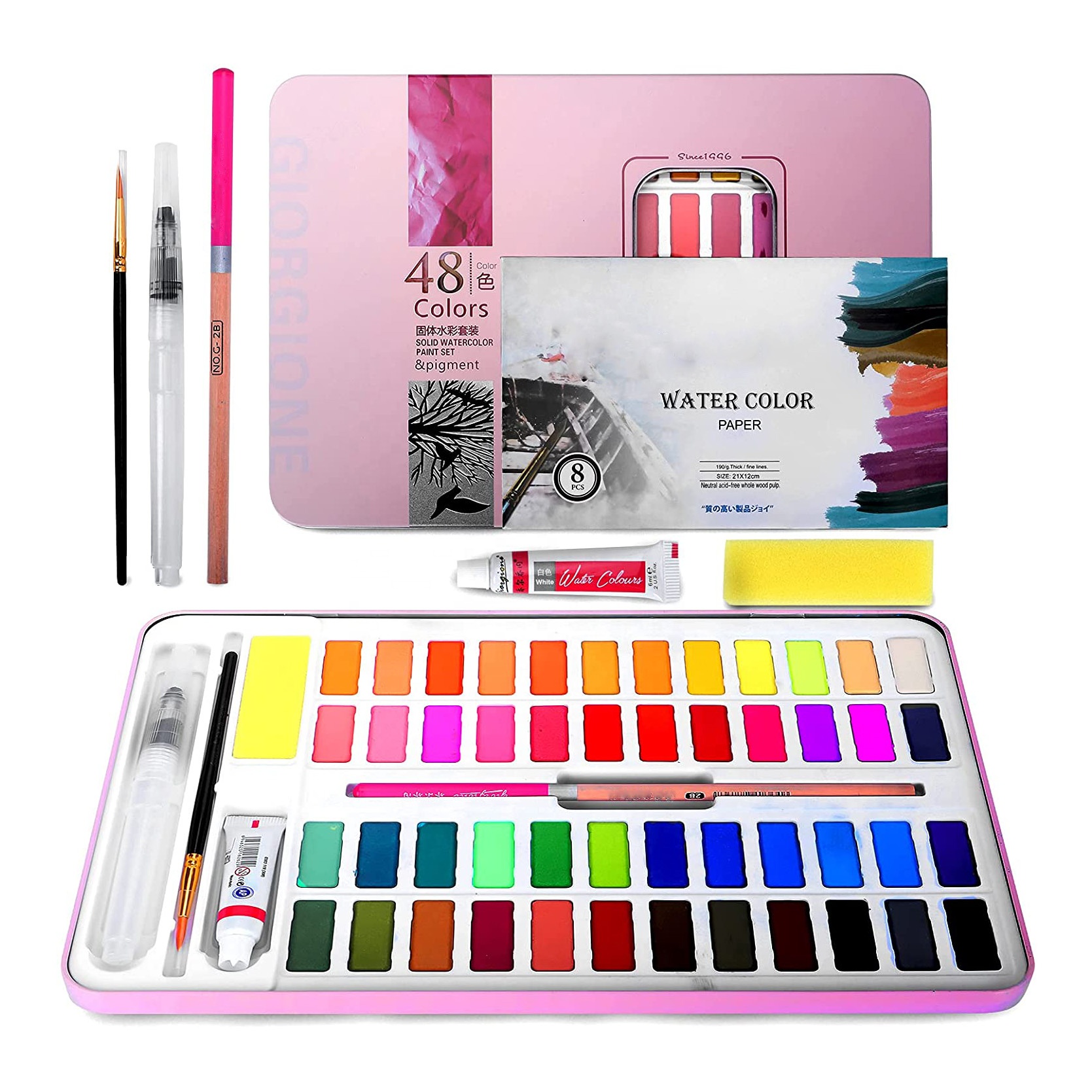 in watercolor tin box water color paint set with Brushes, Pencil, Sponge, Pen, and others paint supplies
