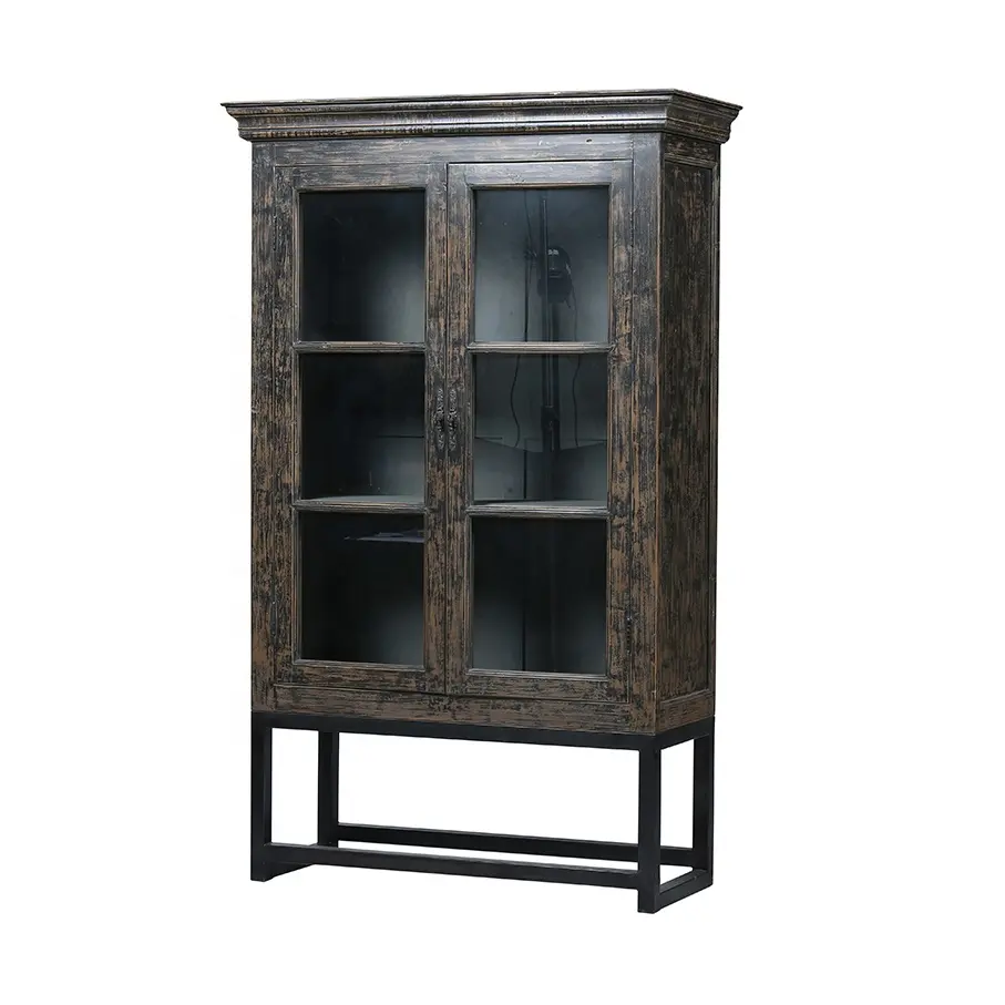 Chinese antique vintage industrial design recycled wood rustic distressed shabby chic black painted bookshelves
