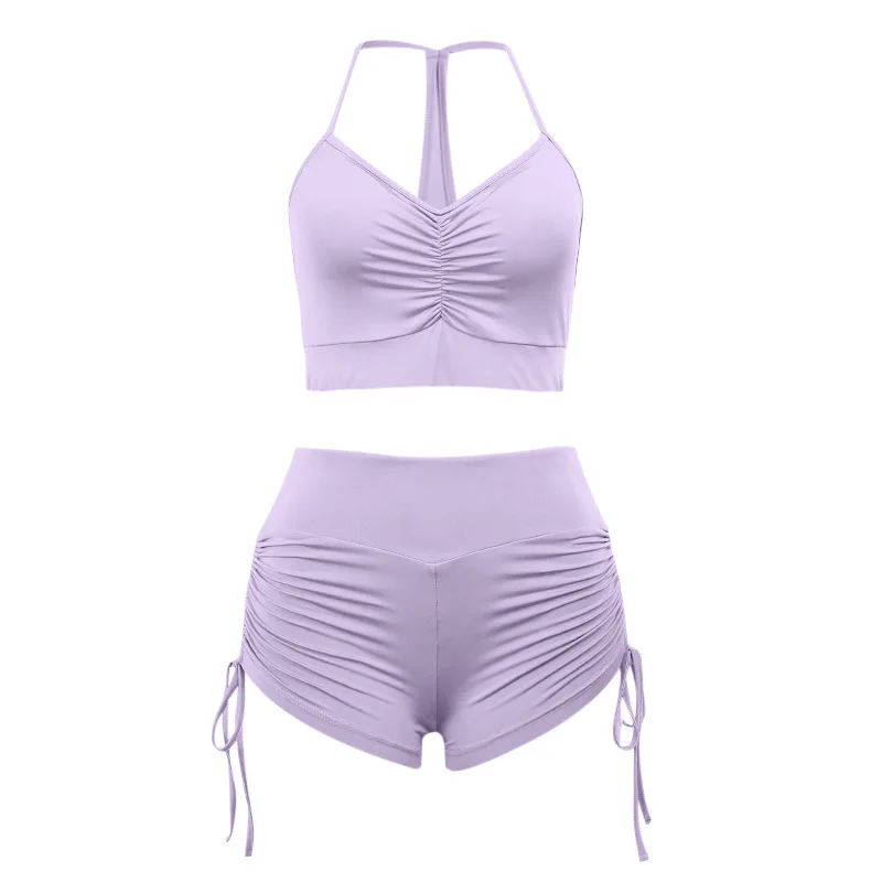 Plain Spaghetti Yoga Set Crop Top Seamless Yoga High Waist Shorts Gym Yoga Set