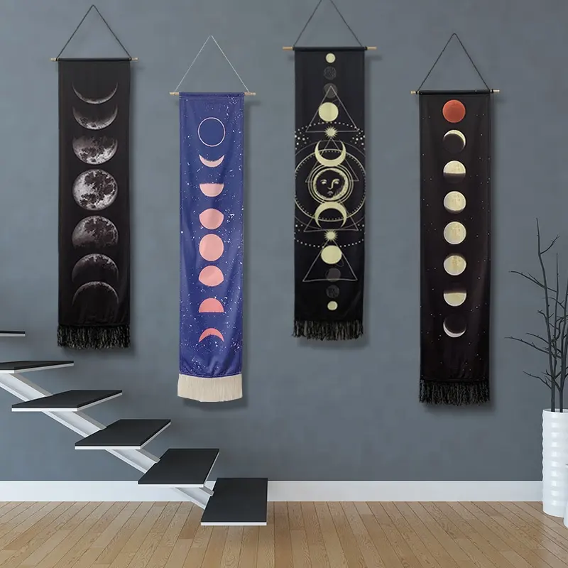 Hot Sale New Design Moon Phases Tapestry Eclipse Tapestry Wall Hanging Cloth With Tassels and Stick Home Decoration 12x47inch