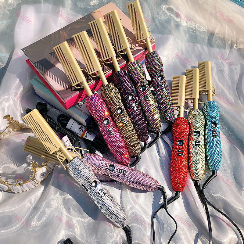 Amazon Factory Price Custom Flat Iron Box Diamond Electric Rhinestone Bling Hot Tools Hot Comb Gold Hair Straightener Gift Set