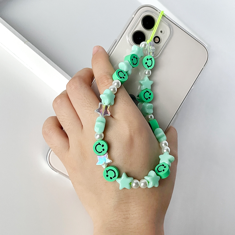 C0003 summer color heart star smiling cell phone cords multicolor smiley face acrylic pearl beaded mobile phone strap lanyard