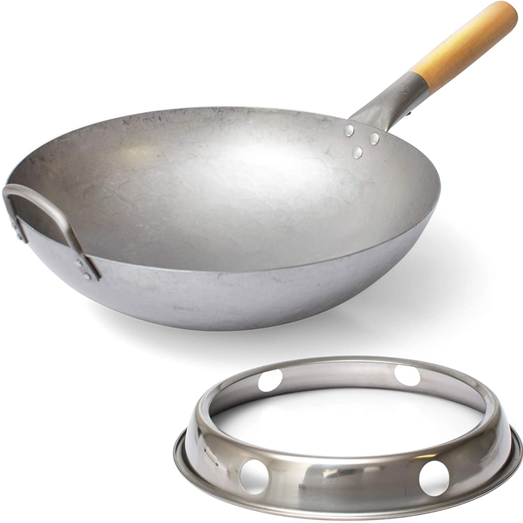 Hand Hammered Metal Chinese Carbon Steel Flat Bottom Wok Set