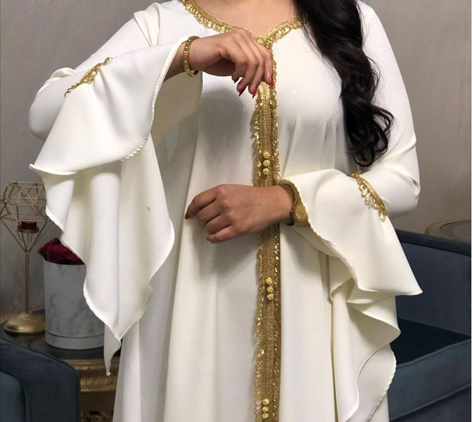 Gold Embroidered Ruffle Long Sleeve Kaftan Muslim Clothing Women Arabic Dress Abaya