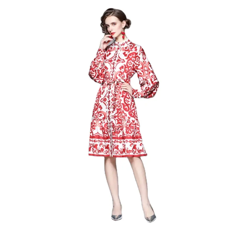 XC5917068 Autumn a-line retro waist long-sleeved single-breasted mid-length small stand-up collar printed dress