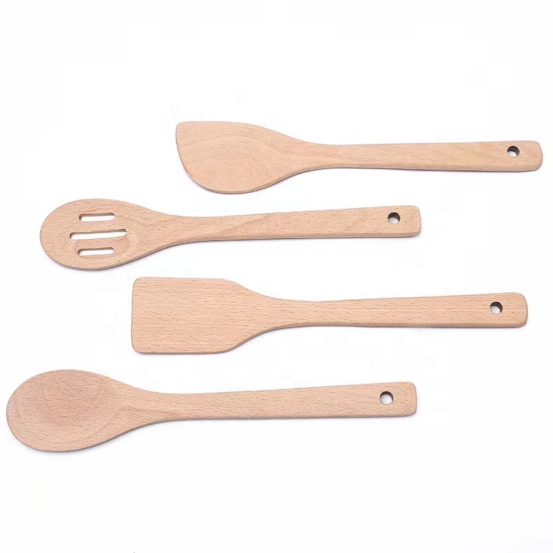 Long Handle Beech Wood Cooking Tools Wooden Spoon Turner Kitchen Utensils Set Beech Wood Flatware Set 4Pcs