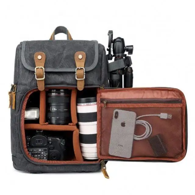 2022 Top Selling Leather Laptop 2 user Compartment Waterproof Digital Camera Bag Canvas backpack
