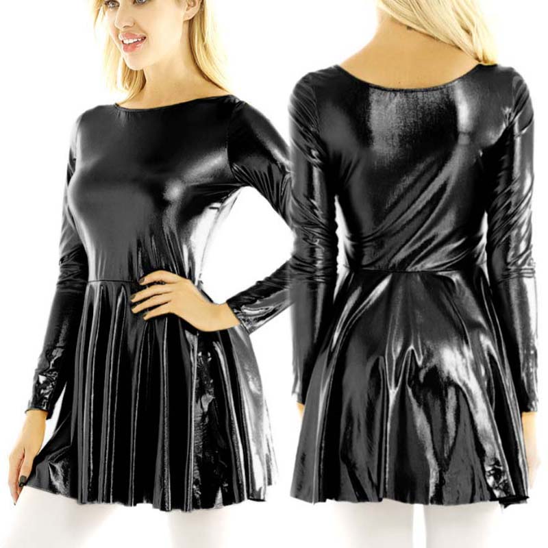 Wholesale In Stock Woman Mujer Female Gold Black A-Line Long Sleeves Evening Pu Faux Leather Shirt Dresses Short Leather Dress