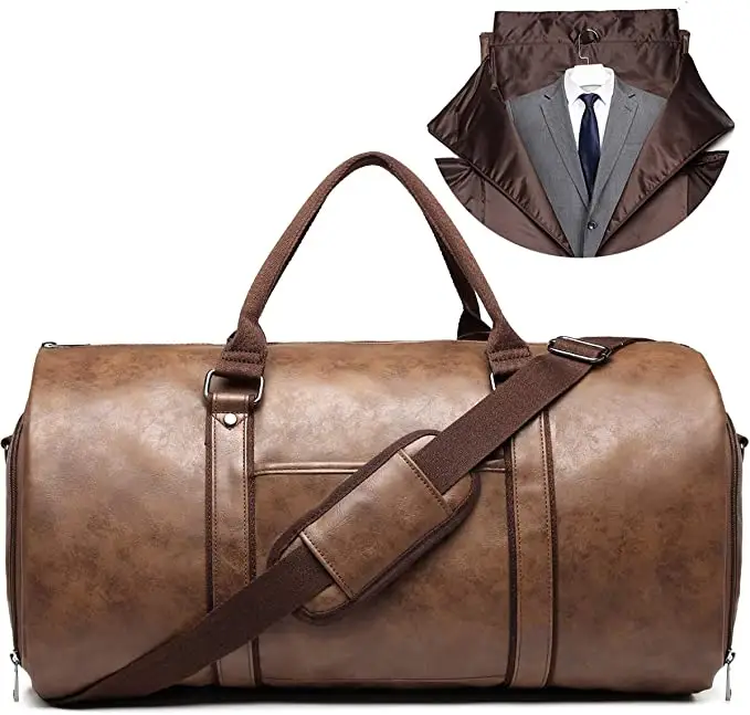 Custom Leather Foldable Duffle Garment Bag Travel Carryon Garment Suit Bag