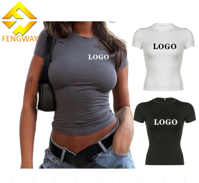 2024 Custom logo Baby Tee Women's t-shirts wholesale Crop Top Puff Rhinestone Plain Sexy Fitted Thin Blank Shirt for Woman