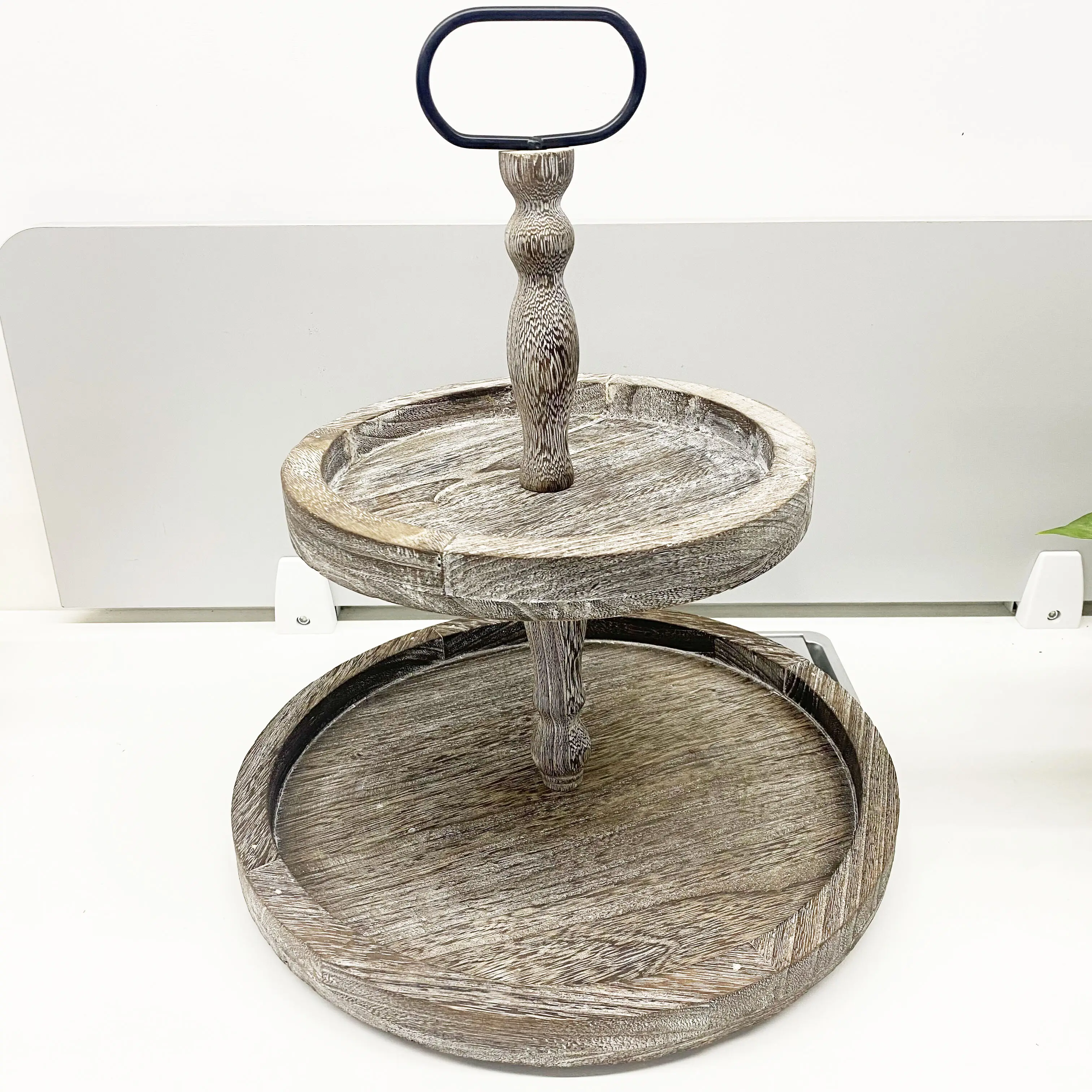 Double Layer Farmhouse Decor Table Kitchen Tray Wooden Tray With Metal Round Decorative Handle