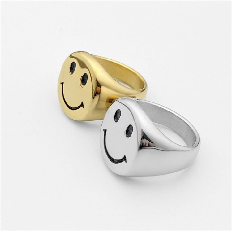 Streetwear Stainless Steel Smiley Face Ring Chunky Gold Silver Signet Ring