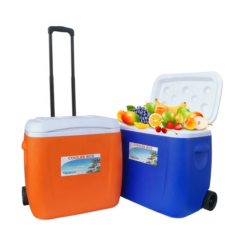 pp material and big capacity 38L outdoor picnic fishing wheeled trolly freeze cold cooler insulated box