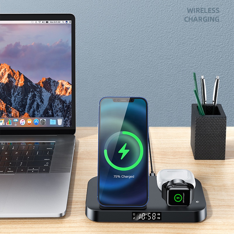 New arrivals 15w fast charging wireless Station With Alarm Clock 3 in 1 Qi wireless charger with led digital alarm clock
