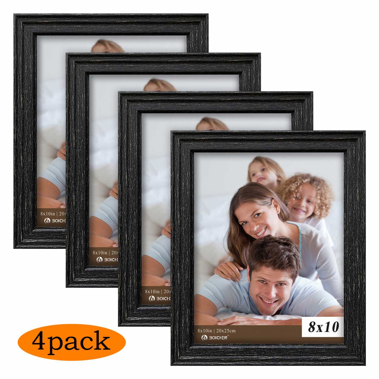 Picture Frames 8x10 Black  set of 4 Pack  - Rustic Farmhouse Wooden Frame - Photo Frame with Polished High Definition Glass for
