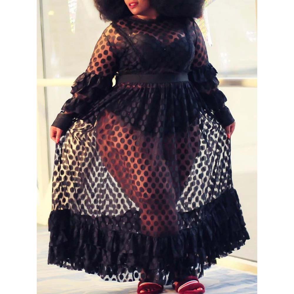 FM-TL004 Personality style long sleeve casual women mesh plus size dresses 4xl 5xl 6xl 7xl lace dresses