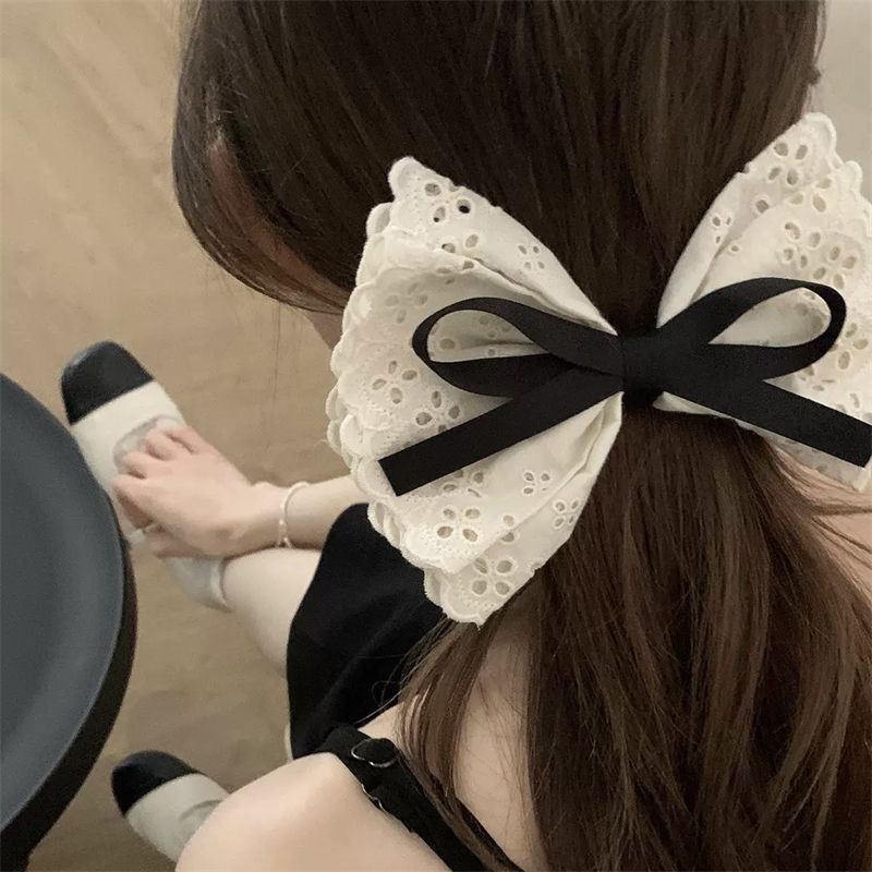 Zhao Rusi Women's High-End Large White Hollow Spring Clip Hairpin 5cm Cute Korean Style Lace Bow for PartySupport customization