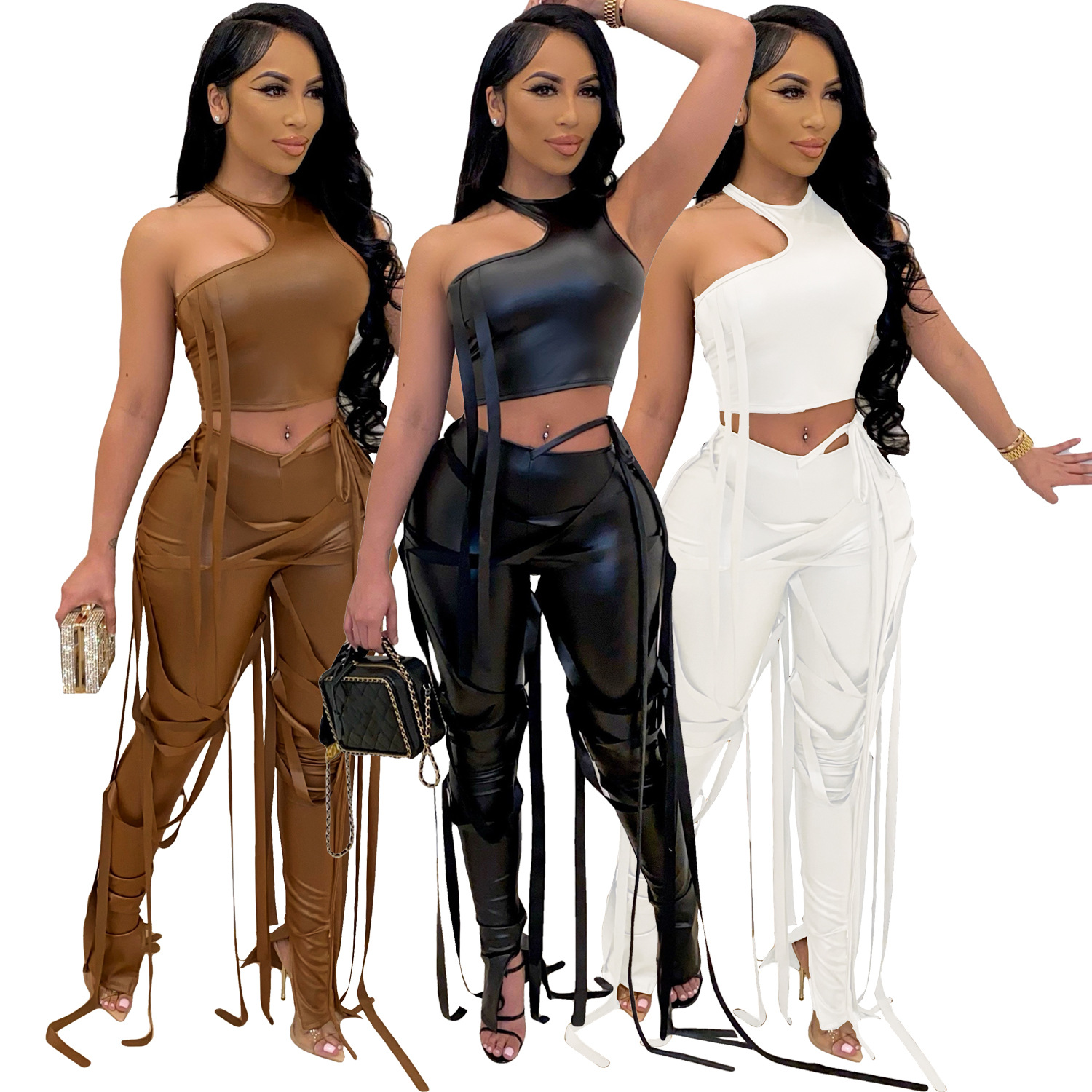 New Arrivals Women Crop Top And Bandage Pu Pants With Strings 2 Piece Leather Pants Set