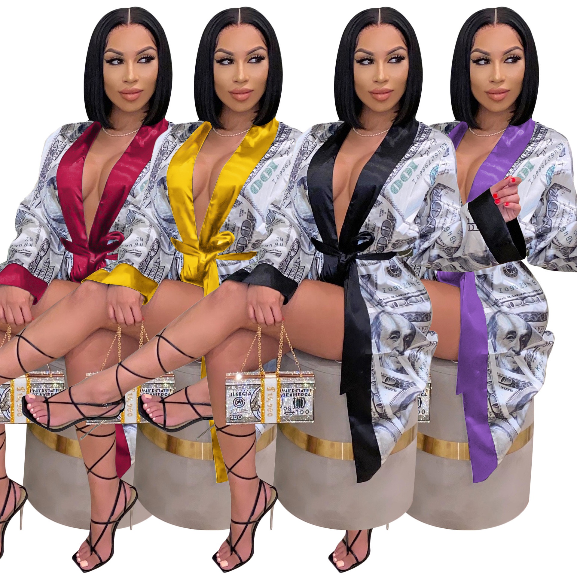 2021 Summer Women's Wholesale Casual Fashion Money Printed Lace-up Trench Coat Mid-length Homewear Casual Coat